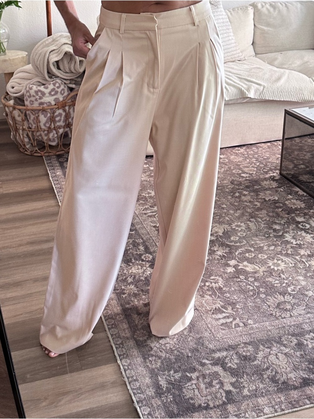 High-Waist Pleated Wide-Leg Pants — Cream